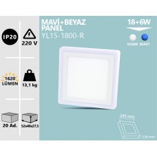 18+6W SIVA ÜSTÜ KARE MAVİ+BEYAZ 3 FONK. LED PANEL
